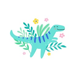 Cute dinosaur for kids, baby t-shirt, greeting card design. Funny little dino of hand drawn style. Vector illustration of dinosaur isolated on background.