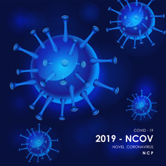 Blue virus cells. Viruses in infected organism, viral disease epidemic. Corona, influenza viruses. Immunology, virology, epidemiology concept. Vector illustration.