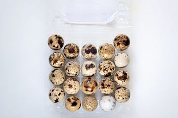 small colorful quail eggs in a tray on a white background