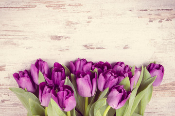 Vintage photo, Bouquet of purple tulips for different occasions on boards, copy space for text