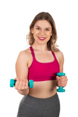 Active woman holding dumbbells on isolated