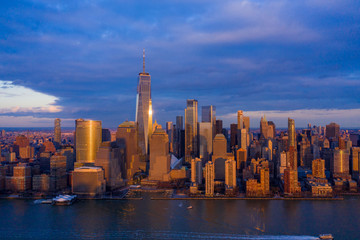 Aerial photograph of New York with the Hudson Rivers at Sunset, Manhattan financial District