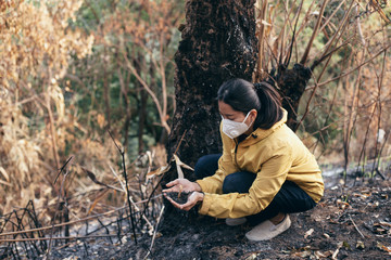 environmental pollution and health,medical concept.woman wearing a mask prevent the outbreak of the virus.Insurance for your healthcare,disease,dust,smoke,dirt in the city