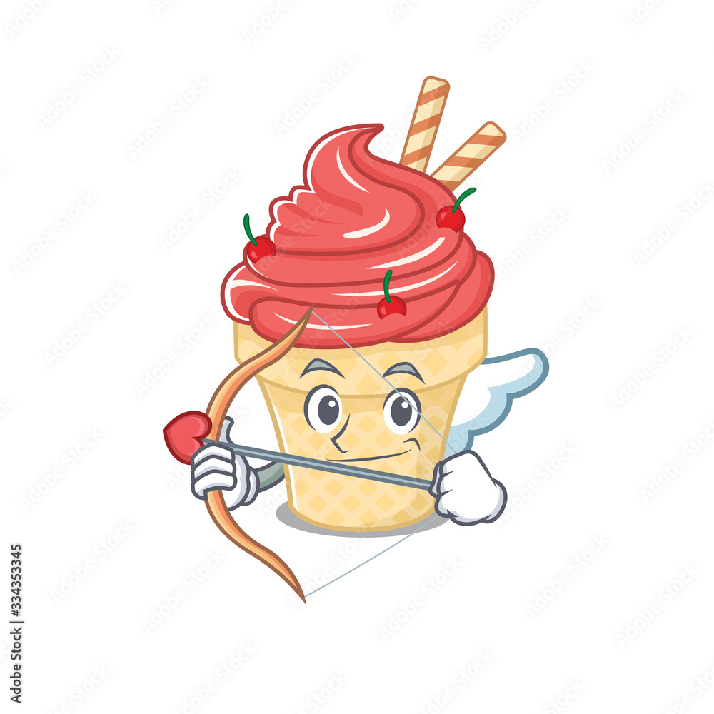 Poster romantic picture of cherry ice cream cupid cartoon character with arrow and wings