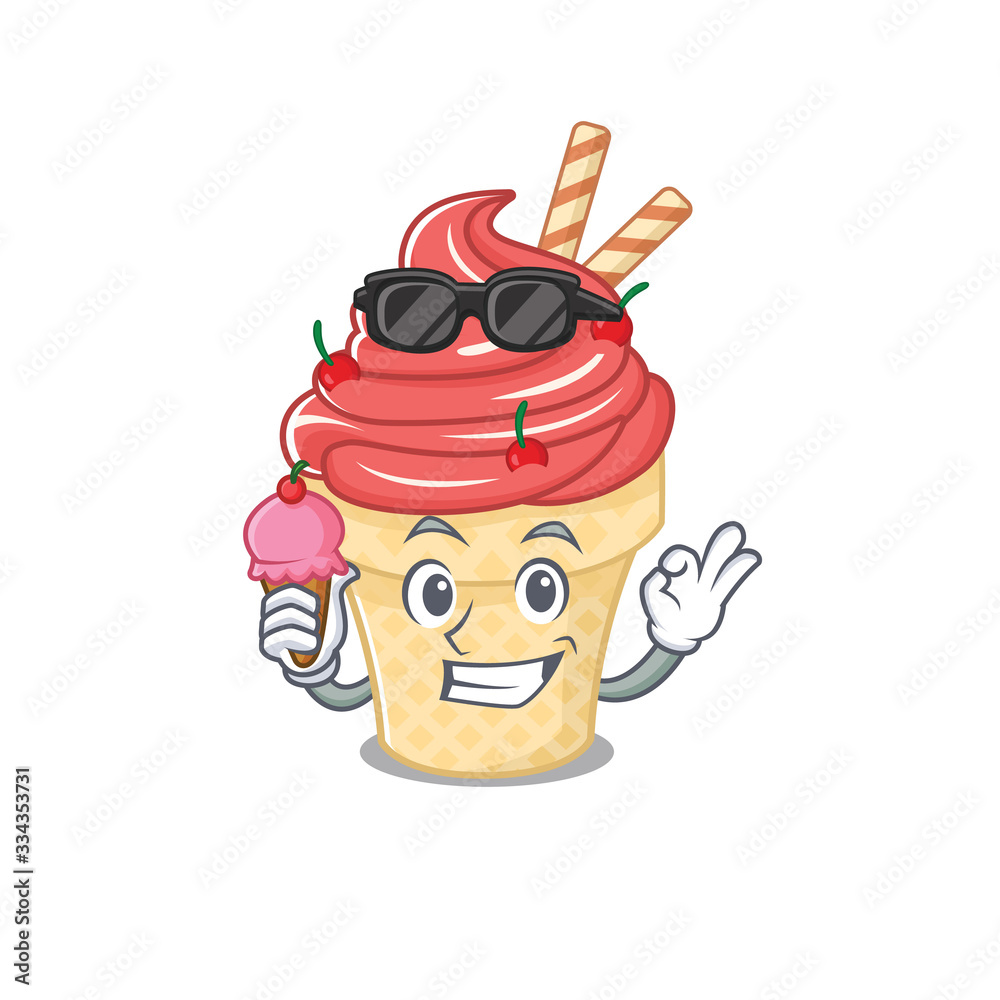 Poster cartoon character of cherry ice cream holding an ice cream