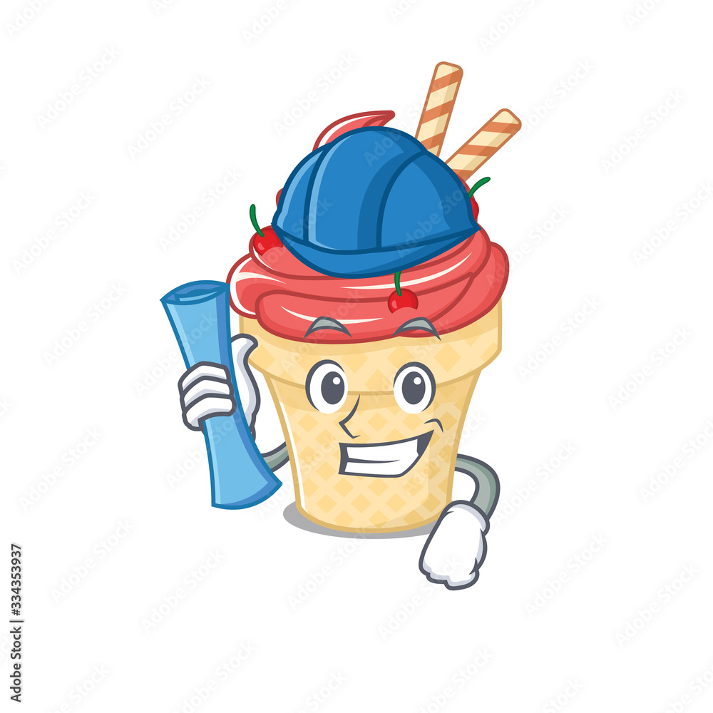 Wall mural smiling architect of cherry ice cream having blue prints and blue helmet