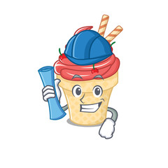 Smiling Architect of cherry ice cream having blue prints and blue helmet