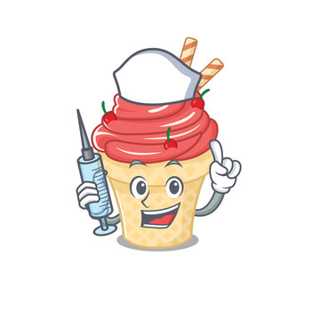 Friendly nurse of cherry ice cream mascot design holding syringe