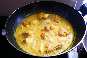Malaysian Malays traditional cook called Ayam Masak Lemak Chili Padi. It is chicken cooked with a mixture of water, coconut milk, chili turmeric, and water.