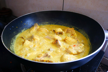 Malaysian Malays traditional cook called Ayam Masak Lemak Chili Padi. It is chicken cooked with a mixture of water, coconut milk, chili turmeric, and water.