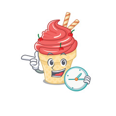 Cheerful cherry ice cream cartoon character style with clock