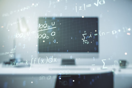 Creative scientific formula illustration on modern computer background, science and research concept. Multiexposure