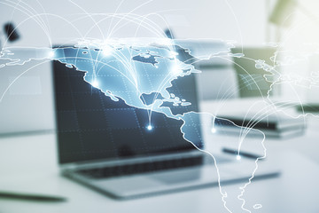 Double exposure of abstract digital world map with connections on computer background, big data and blockchain concept