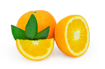 Close-up of Fresh orange, sweet flavor (Fruit organic from natural food vegetarian for healthy) with cut half and slices. with green leaves isolated on white background with clipping path.
