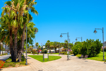 Olbia, Italy - Panoramic view of the Olbia public park - Giardini Pubblici - in Port and yacht...