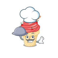 cherry ice cream as a chef cartoon character with food on tray