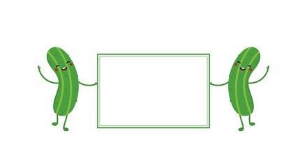 Couple of cute cartoon cucumber characters holding empty board, card in hands for information. 