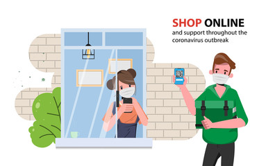 Delivery man with free delivery on social distancing. Stop covid-19 coronavirus. Take home shopping.