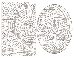 Obraz premium Set of contour illustrations of stained glass Windows with seascapes, lighthouses on the background of the sea and the Sunny sky