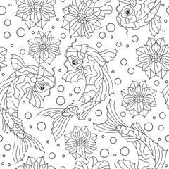 Fototapeta premium Seamless pattern with koi carp fishes, Lotus flowers and bubbles , dark contours on a white background