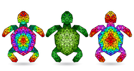 Set of illustrations in a stained glass style with bright turtles, isolated on a white background