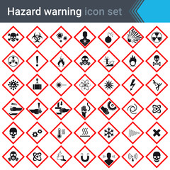 Hazard warning signs on red squares. Set of signs warning about danger. 42 high quality hazard symbols and elements. Danger icons. Vector illustration.