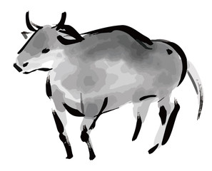 牛 水墨画イラスト
