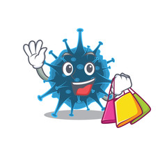 Happy rich moordecovirus mascot design waving and holding Shopping bag