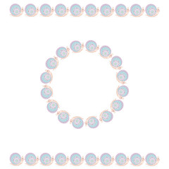 Round frame and border frame of a chain of multicolored snails on a white background, isolated, vector illustration
