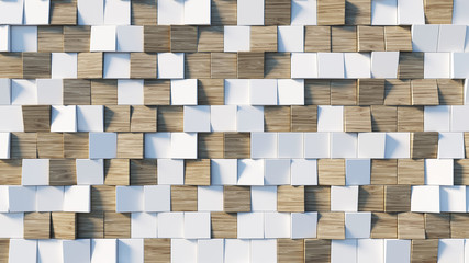 wood tiles texture with white plastic geometric background. 3d rendering