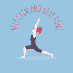 COVID-19 self quarantine. Standing in anjaneyasana pose. Beautiful girl with red hair in mask does yoga. Meditation wellness vector art. Self isolation during coronavirus. Keep Calm and stay home.