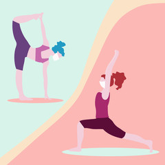 COVID-19 self quarantine. Beautiful sporty women in mask stay at home doing yoga. Meditation wellness vector illustration. Isolation during coronavirus 2019-nCoV. Healthy lifestyle and social distance