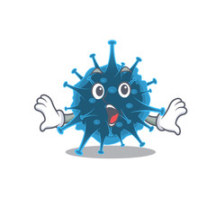 A cartoon character of moordecovirus making a surprised gesture