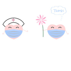 Cute Mini Heart Wearing Blue Ear Loop Mask Give A Flower For Thank You The Nurse With Gratitude On White Background