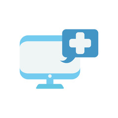 Obraz premium computer with speech bubble with medical cross icon, flat style