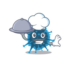 Moordecovirus as a chef cartoon character with food on tray