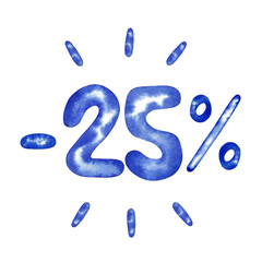 Minus 25 percent, 25%, twenty-five percent in blue for flyer, poster, shopping, sign, discount, marketing, selling, banner, web, header, watercolor illustration
