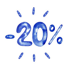 Minus 20 percent, 20%, twenty percent in blue for flyer, poster, shopping, sign, discount, marketing, selling, banner, web, header, watercolor illustration