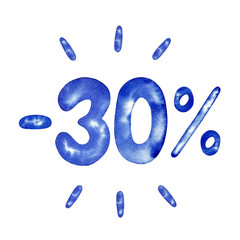 Minus 30 percent, 30%, thirty percent in blue for flyer, poster, shopping, sign, discount, marketing, selling, banner, web, header, watercolor illustration