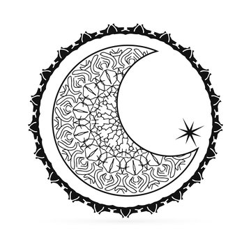 Outline moon with star icon isolated on white. Art line in boho or maori style. Sketch mehendi style. Vector stock illustration