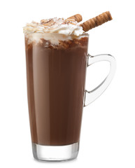 Cup of hot chocolate on white background