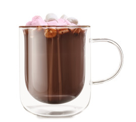 Cup of hot chocolate  with marshmallows on white background