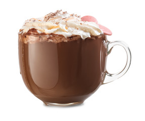 Cup of hot chocolate on white background