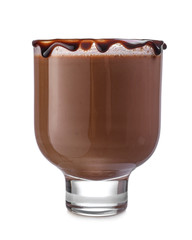 Glass of hot chocolate on white background