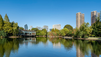 Ningbo City Park and building skyline..