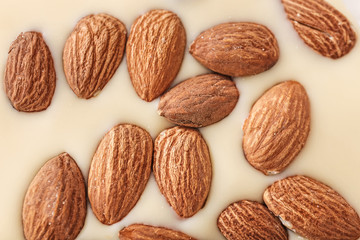 Sweet white chocolate with almond, closeup