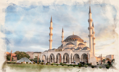 Fototapeta na wymiar New Melike Hatun Mosque in Ankara, Turkey, close to Genclik Park, in the capital city in watercolor illustration style