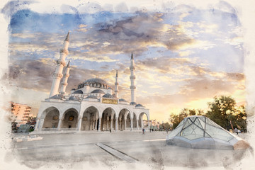 Fototapeta na wymiar New Melike Hatun Mosque in Ankara, Turkey, close to Genclik Park, in the capital city in watercolor illustration style