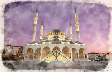 New Melike Hatun Mosque in Ankara, Turkey, close to Genclik Park, in the capital city in watercolor illustration style