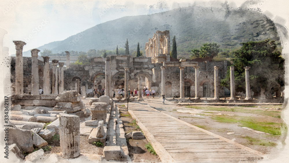 Wall mural Library of Celsus and sculpture in the ancient city of Ephesus, Selcuk Izmir, Turkey in watercolor illustration style. Ancient Roman building on the coast of Ionia in honour of Tiberius. Efes